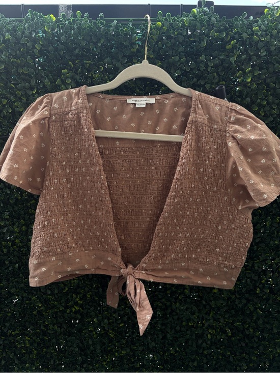 American Eagle Outfitters Tops - American Eagle Outfitters tan Smocked Tie-Front Crop Top